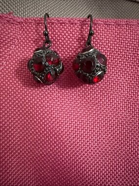 Red stone and silver ball dangle earrings